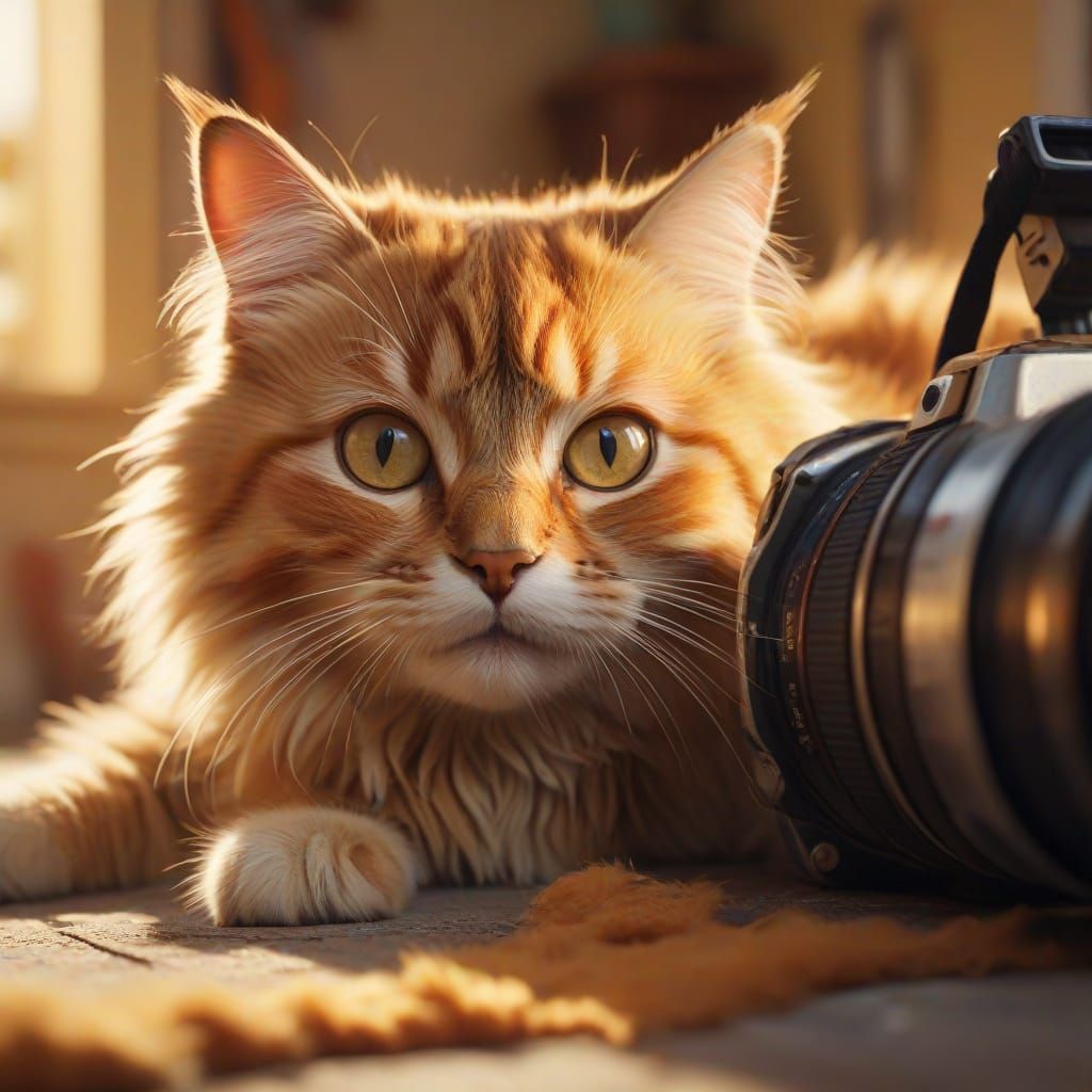 Fluffy Cat Knocks Over Camera in Vibrant Oil Painting