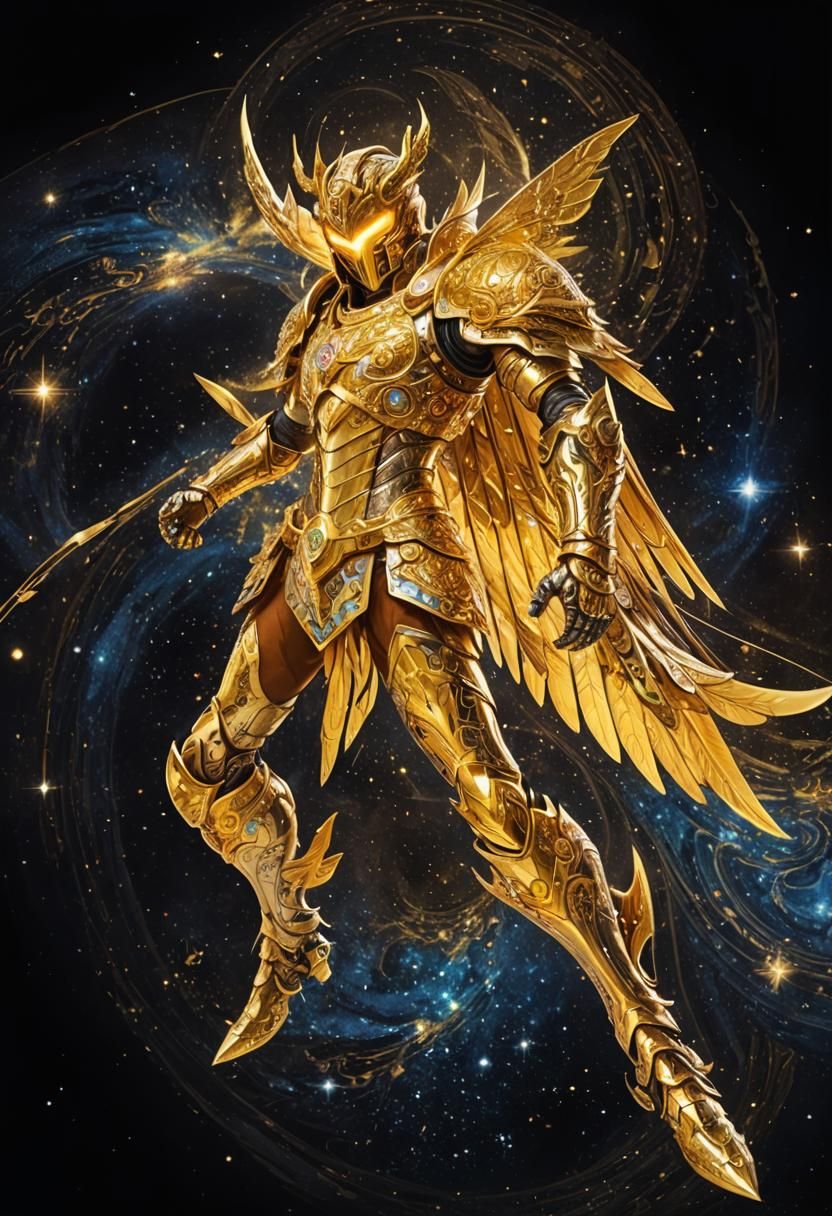 Heroic Golden Armored Figure in Cosmic Scene