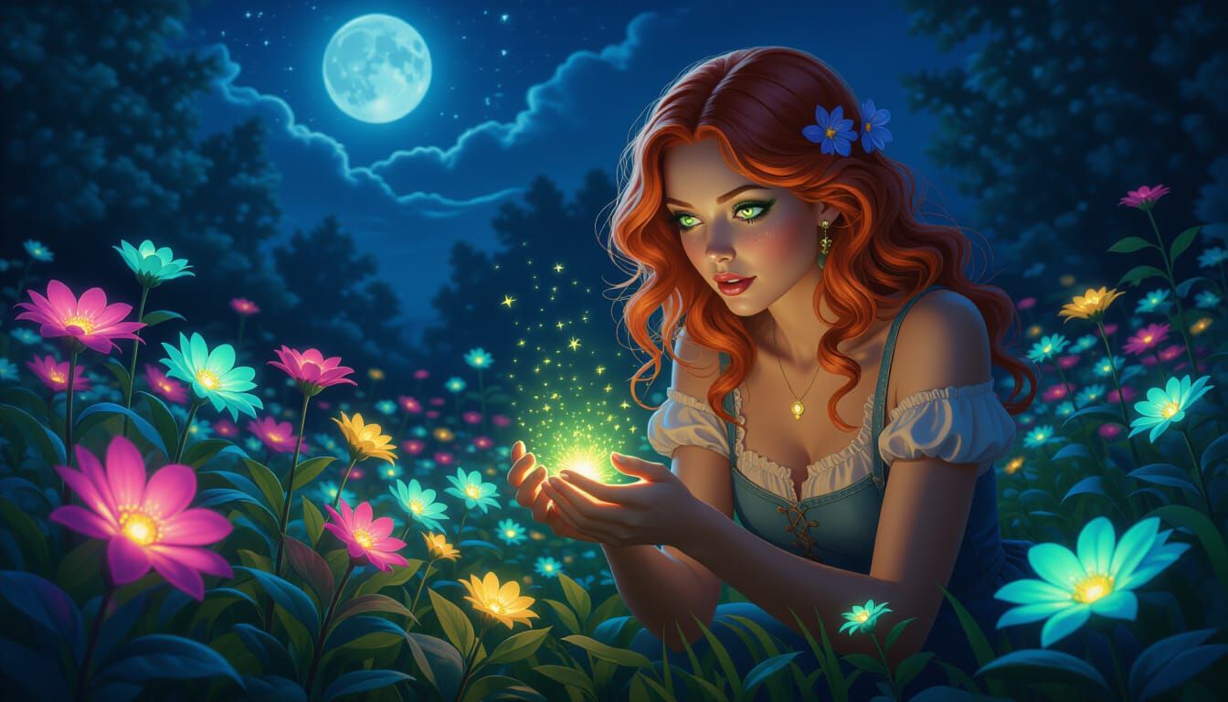 Whimsical Woman Tends Bioluminescent Garden Under Moonlight