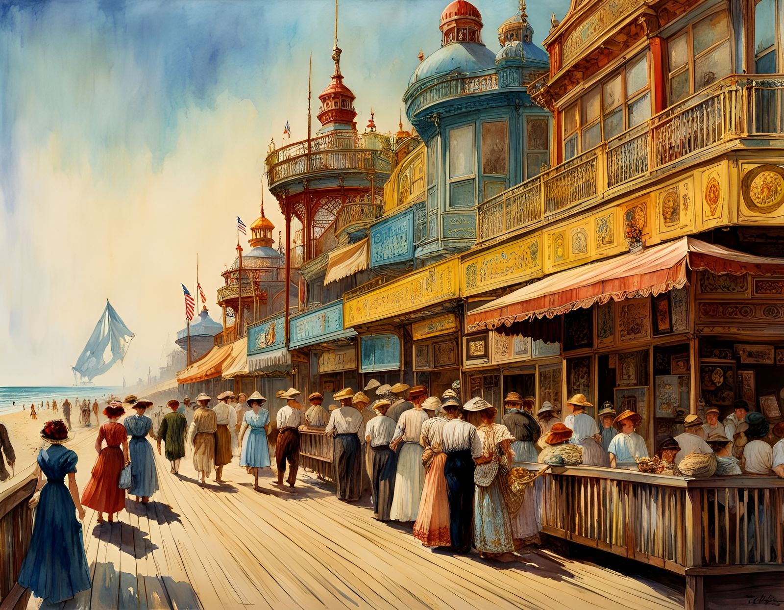 Coney Island Boardwalk: Retro Watercolor Photograph