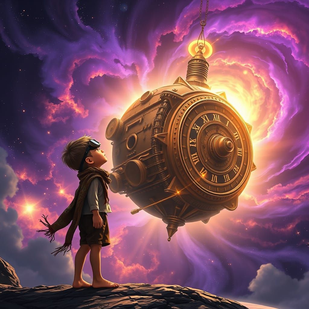 Steampunk Boy Views Giant Clockwork Celestial Body