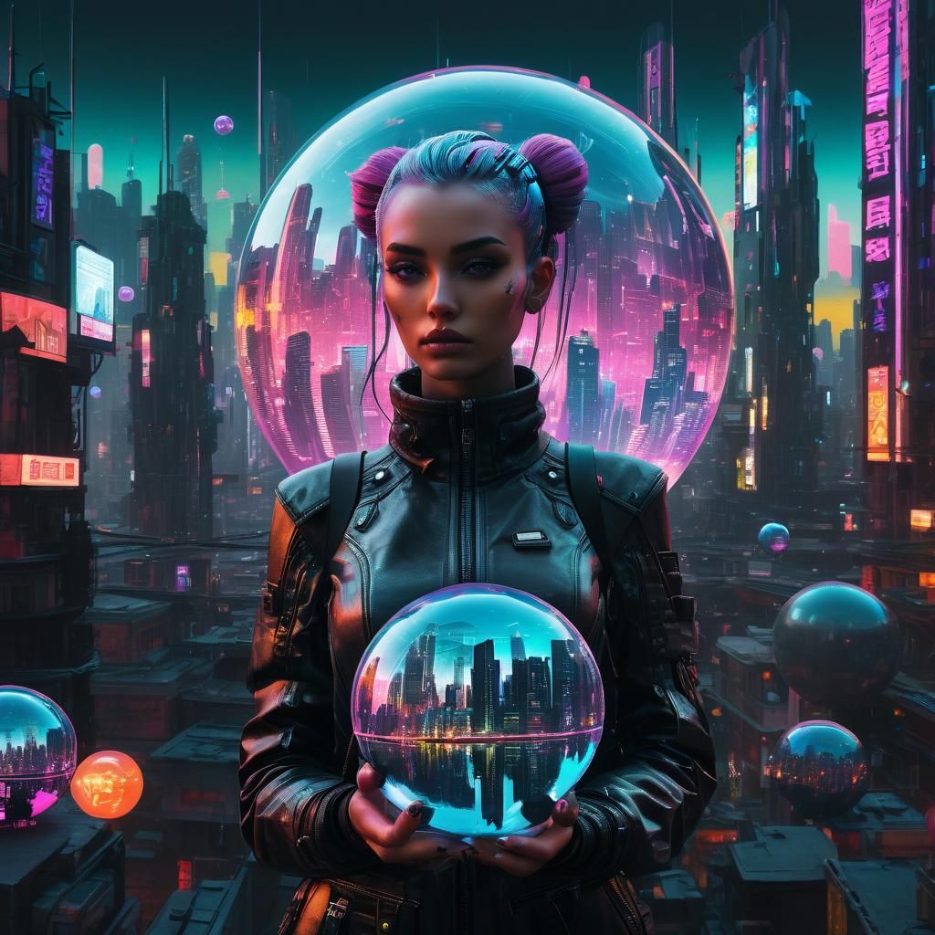 Holographic Cyberpunk Cityscape in Plastic Spheres