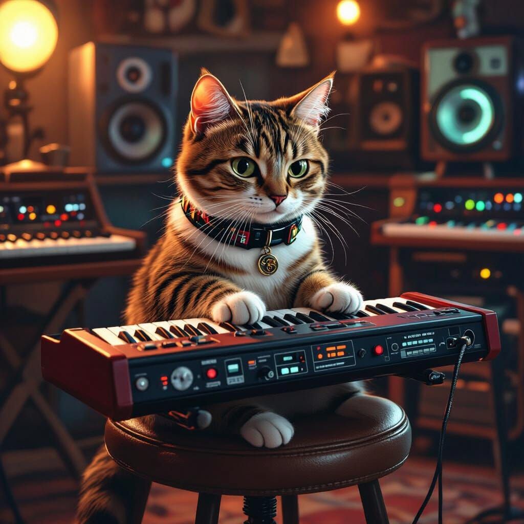 Cat Plays Synth in Studio, Retro-Futuristic Style