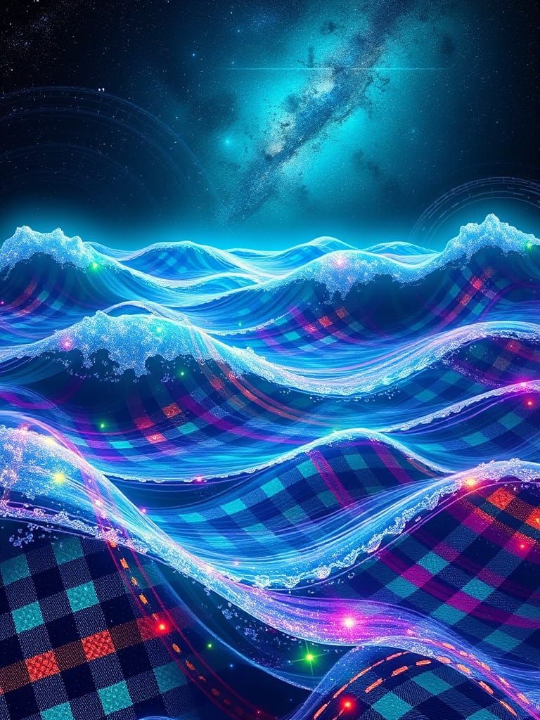 Plaid Ocean with Bioluminescent Waves in Hyperrealistic Styl...