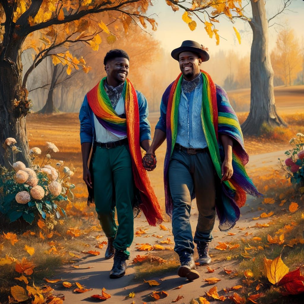 Gay Couple in Autumn Landscape: Van Gogh Style
