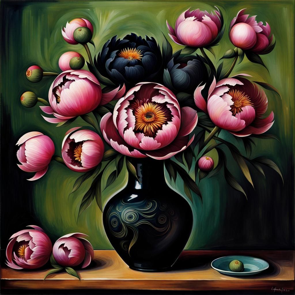 Flower Vase Woman Still Life in Art Brut Style