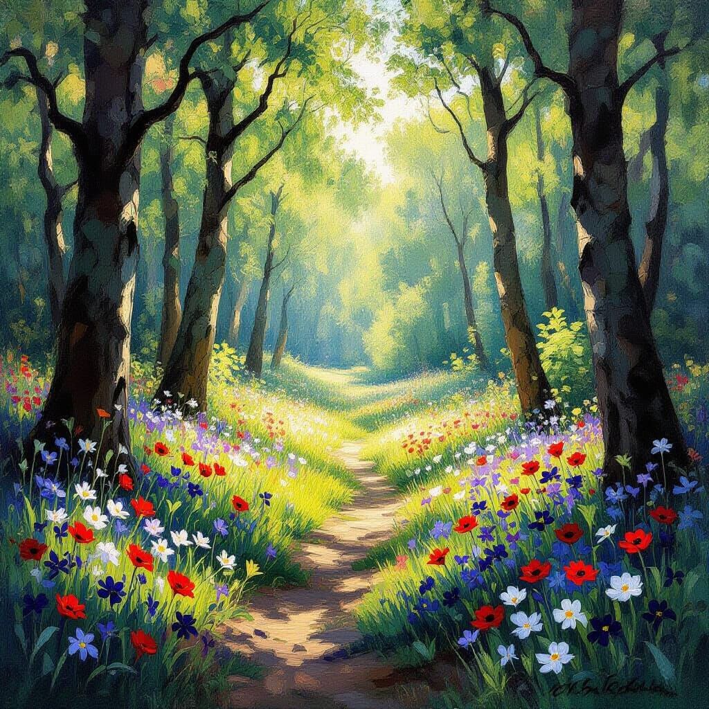 Serene Forest Clearing in Impressionist Style