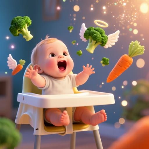 Cute Toddler Excitedly Eats Flying Broccoli in Whimsical CGI...