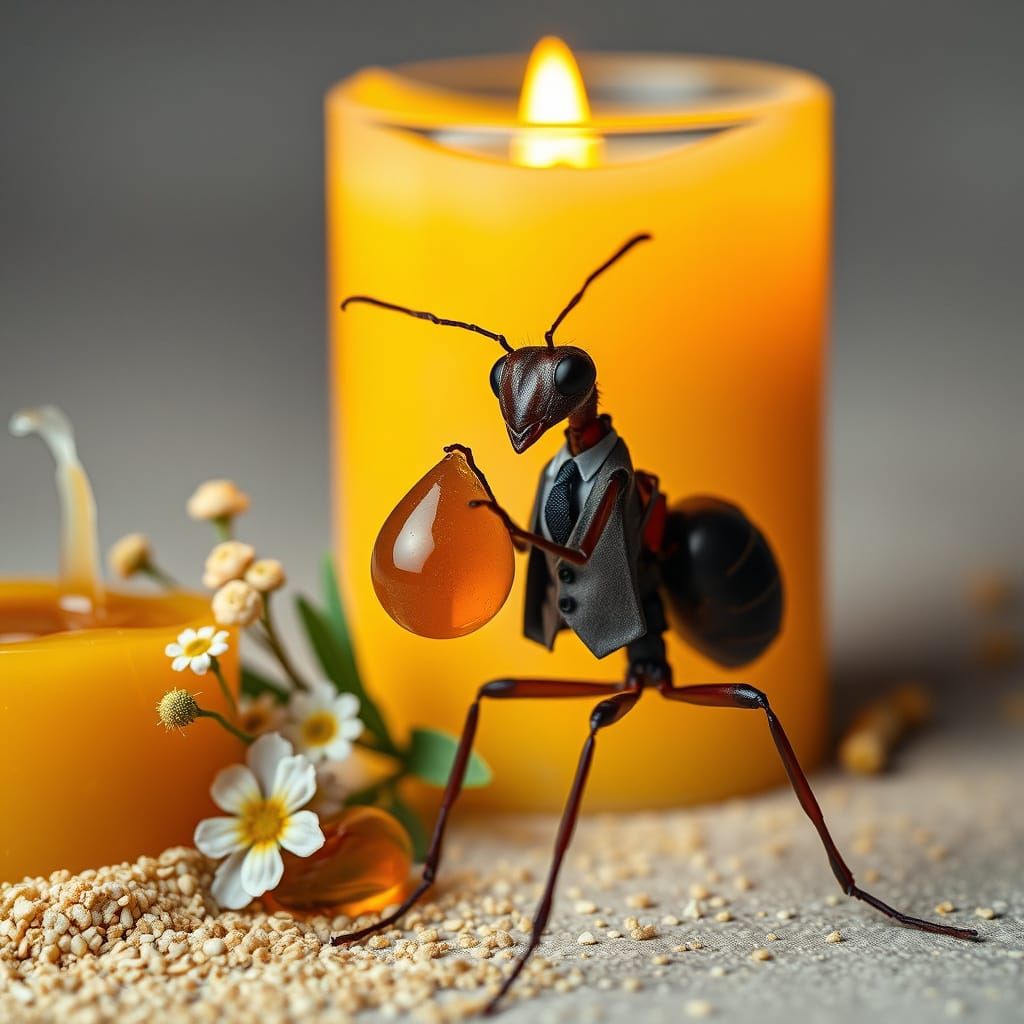 Ant in Crisp Suit Carries Honey Drop Amidst Vibrant Still Li...