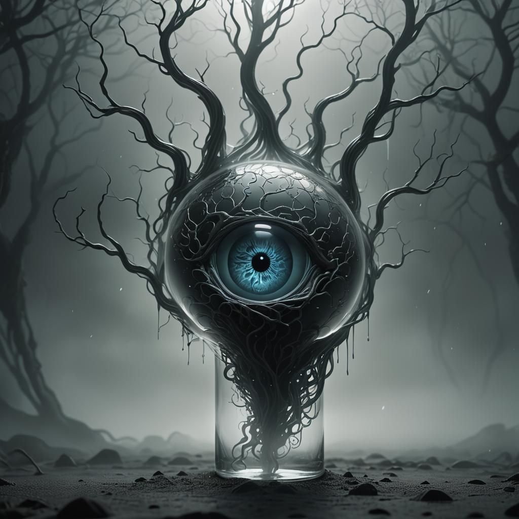 Eerie Glass Brain in Dense Fog, Cyber Gothic Style