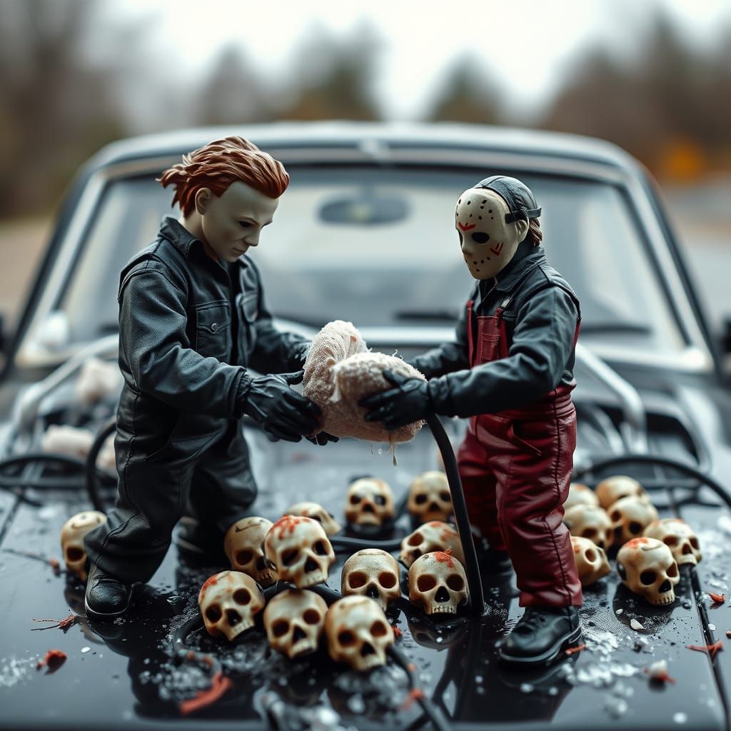 Miniature Michael Myers and Jason Washing a Car