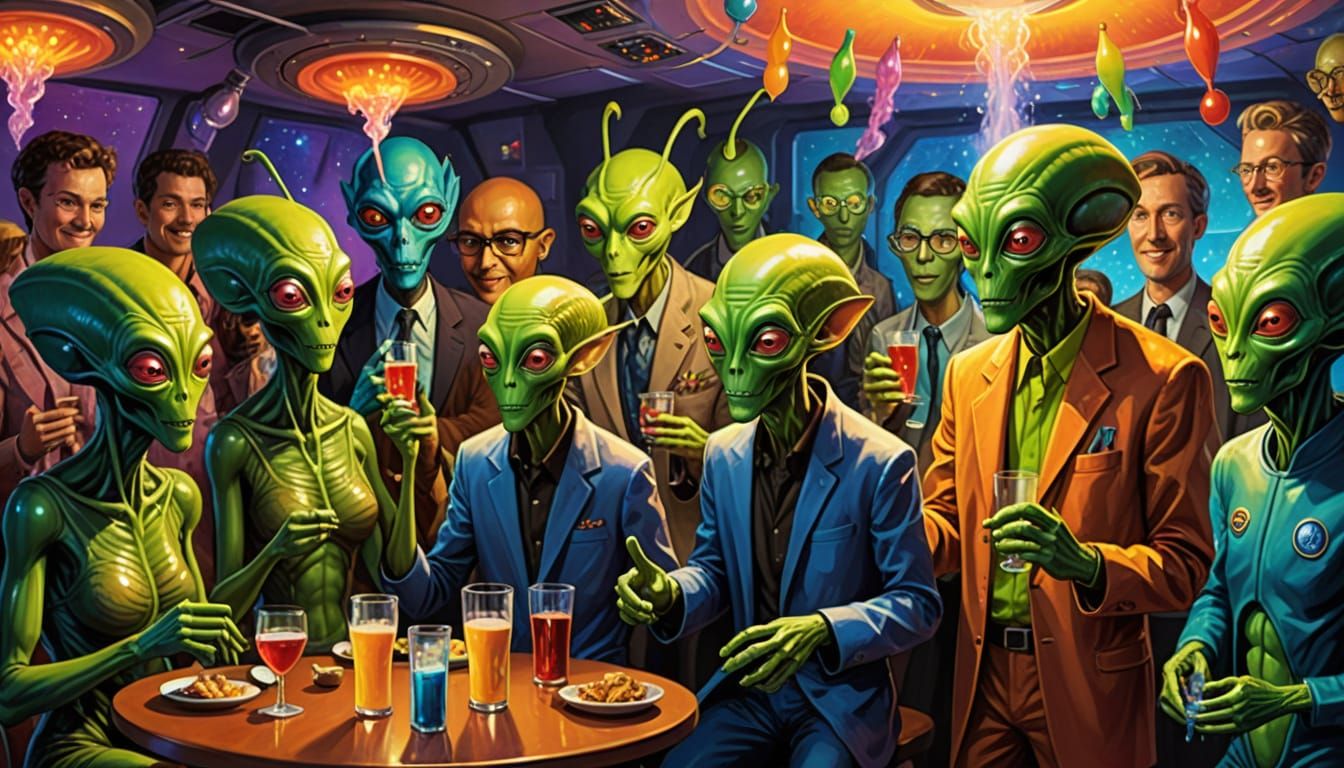 Vibrant Oil Painting of Aliens and Scientists at a Festive P...