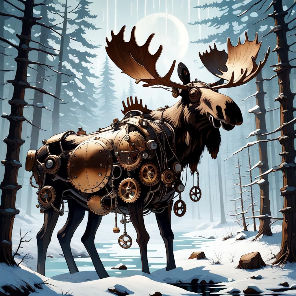 Steampunk Moose in Winter Forest