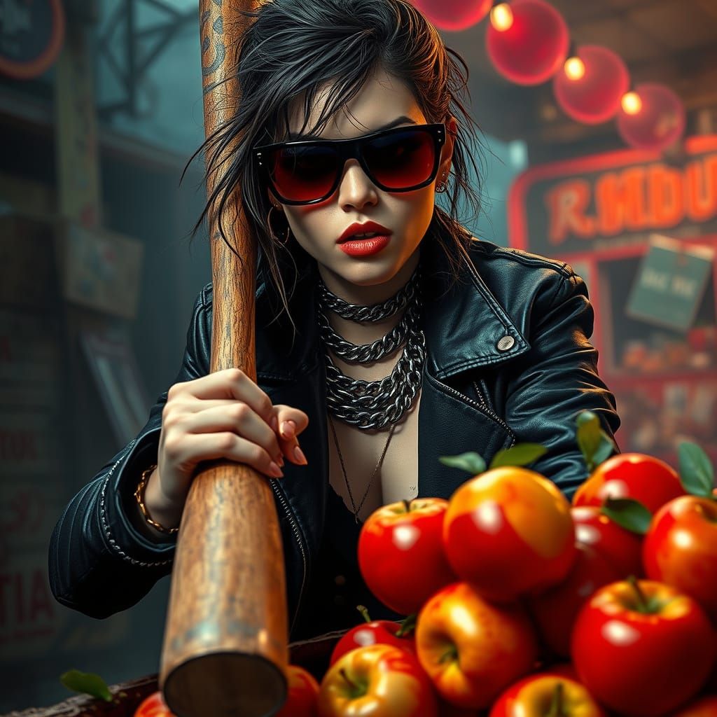Gritty Fantasy Woman Poised to Smash a Vibrant Apple Cart