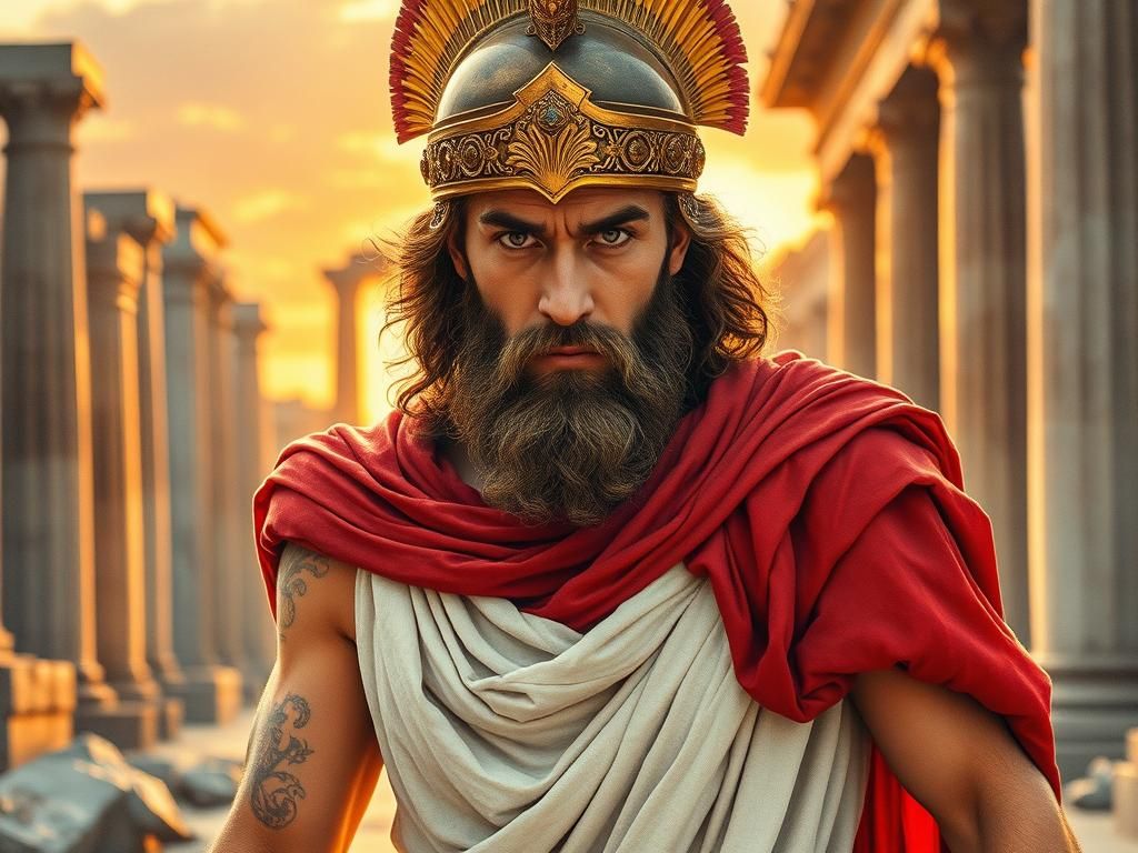 Odysseus Walking Through Ancient City Ruins