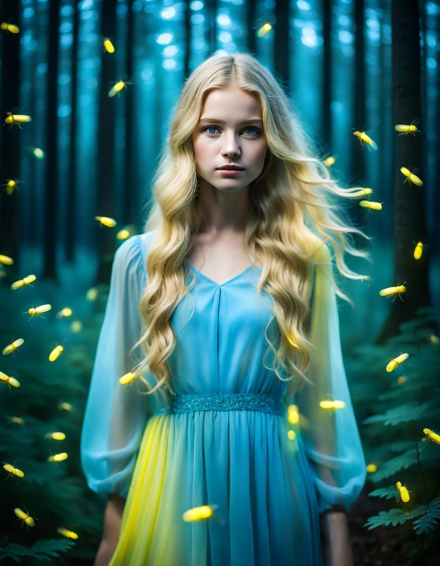 Blonde Woman in Firefly Forest: HDR Photograph