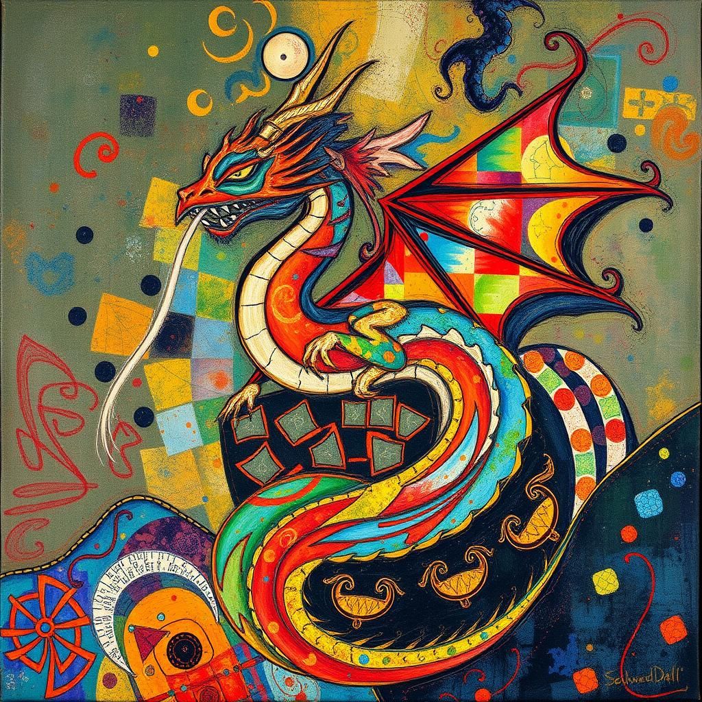 Abstract Expressionist Dragon in Fabric Batik Style