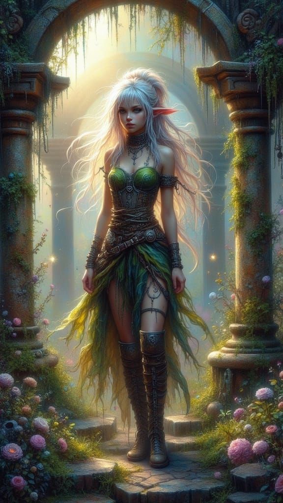 Elf Explorer in Twilight Palace Ruins - Fantasy Concept Art