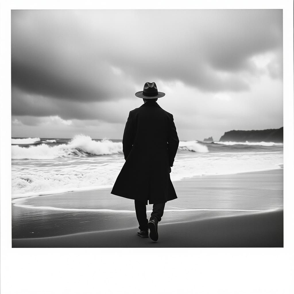 Mysterious Figure Stands at the Edge of a Turbulent Beach in...