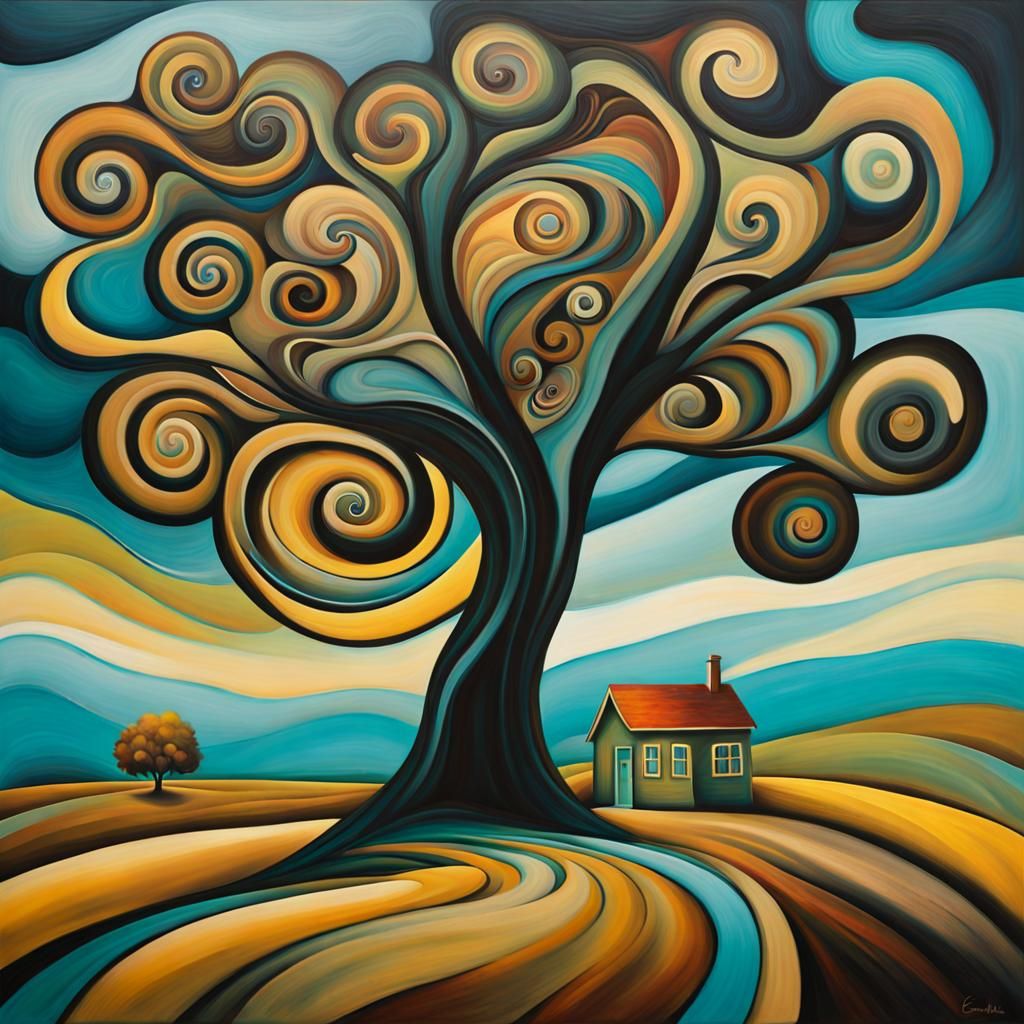 Surreal Tree Painting with Autumn Wind in Abstract Style