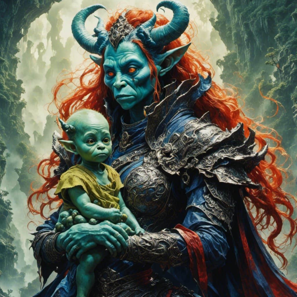 Fantasy Watercolor Portrait: Ogre-Demon Hybrid with Baby