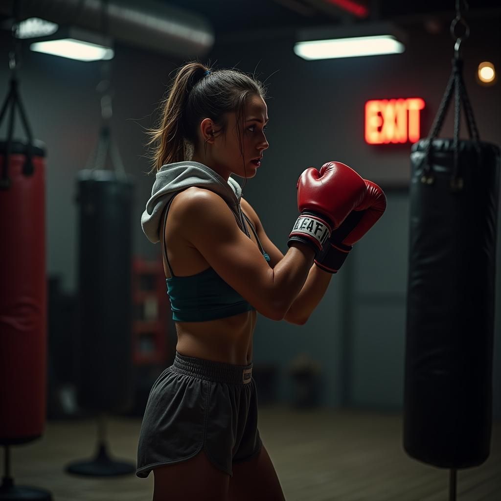 Focused Boxer Training in Gritty, Cinematic Gym