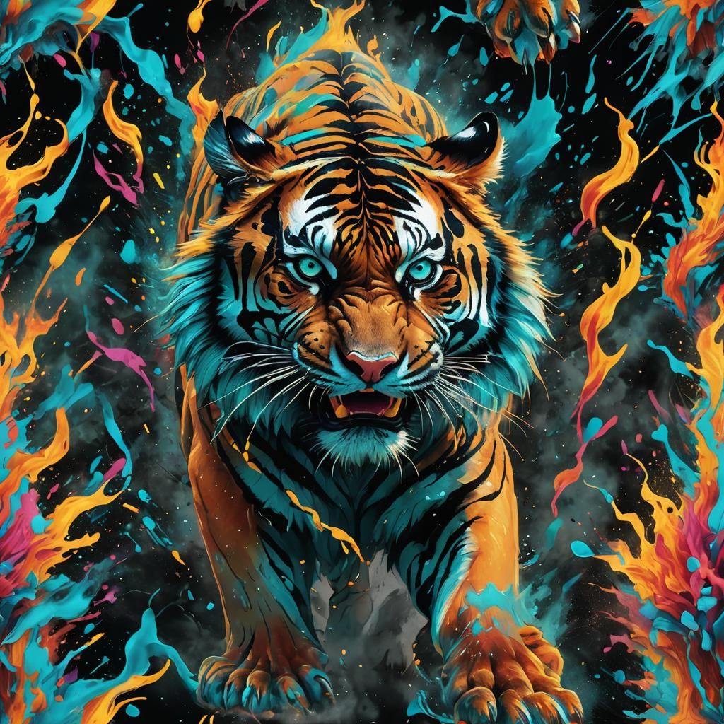 Angry Tiger in Dark Environment as Fantasy Concept Art