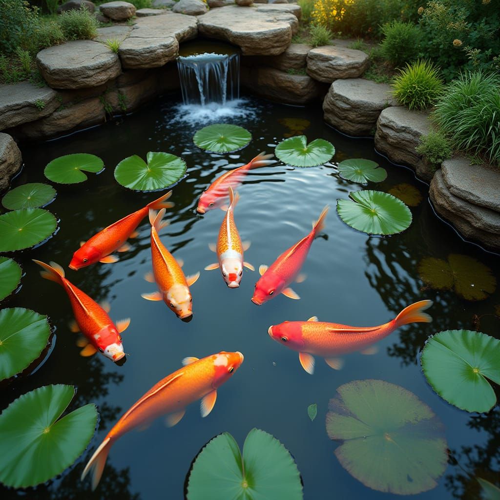 Serene Koi Pond with Miniature Waterfall at Golden Hour