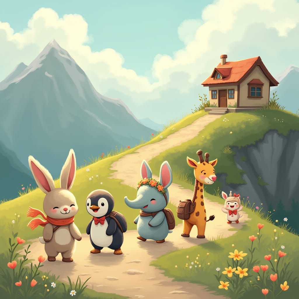 Whimsical Animal Friends Journey to Mountain Hut