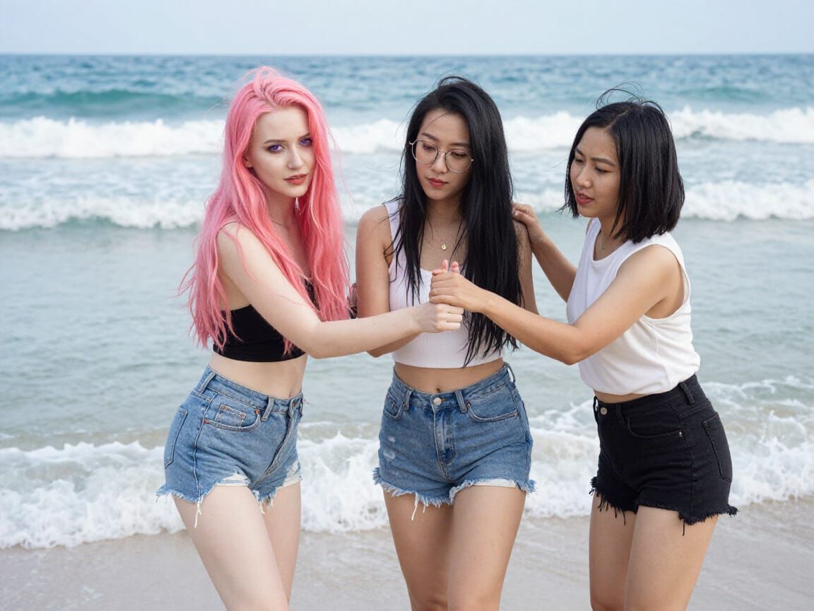 Three Women Enjoying Beach Waves in Summer