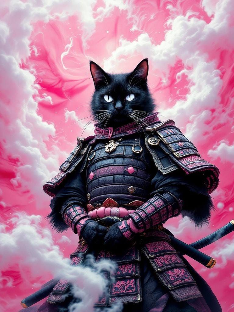 Samurai Cat with Pink Accents in Ukiyo-e Style