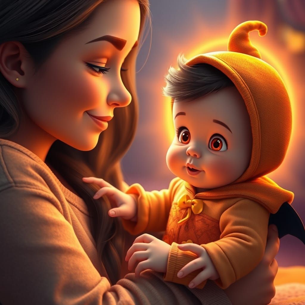 Young Woman and Baby in 3D Stylized Halloween Scene