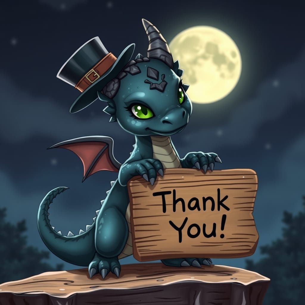 Cute Obsidian Dragon in Top Hat Bows in Moonlit Night