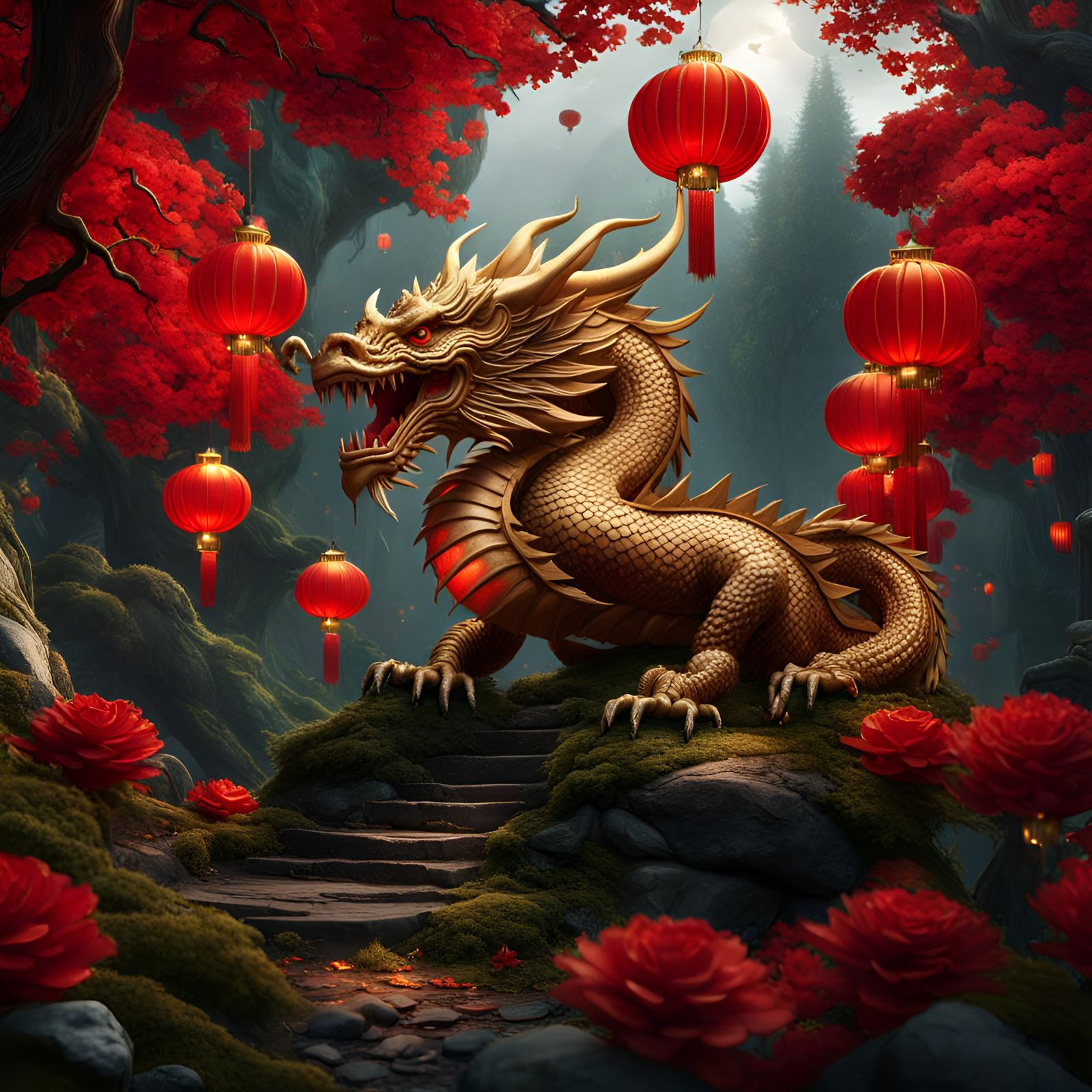 Wood Dragon in Forest with Red Lanterns