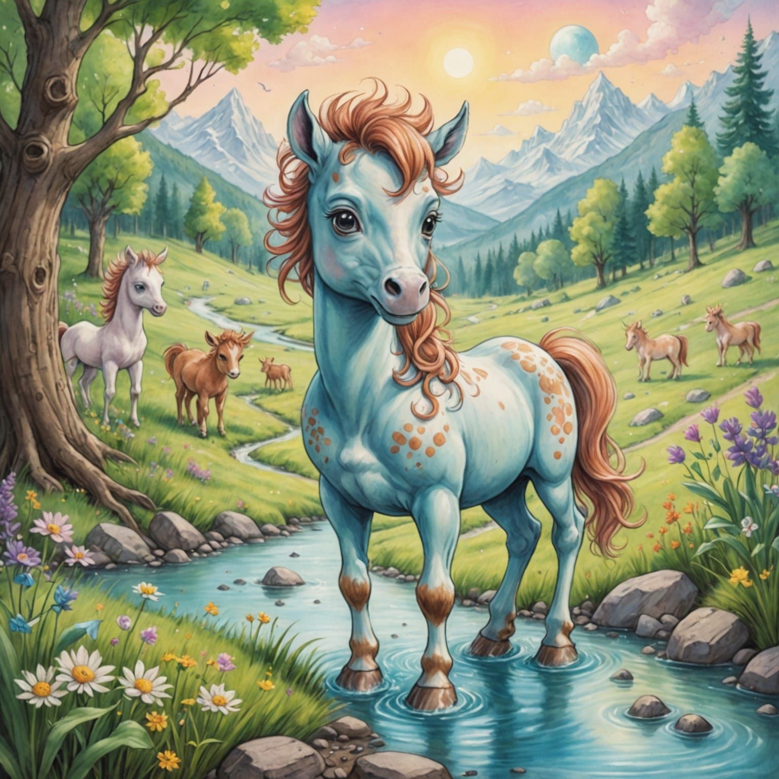 Whimsical Baby Centaur in Enchanting Pencil Sketch Landscape