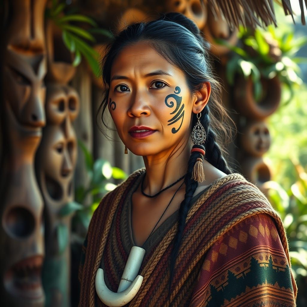 Maori Woman in Traditional Village with Intricate Moko