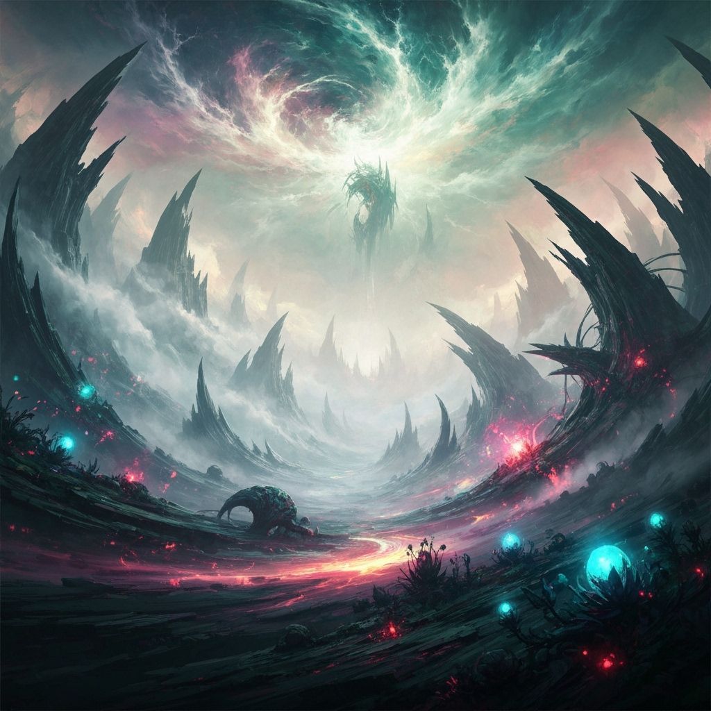 Surreal Misty Landscape with Crystalline Structures