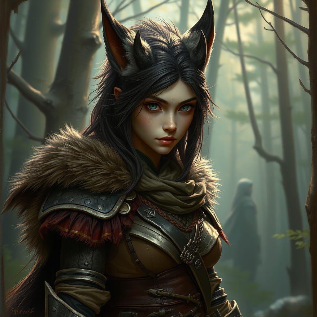 Wolf Demon Girl in Earth-Toned Armor, Oil Painting Style