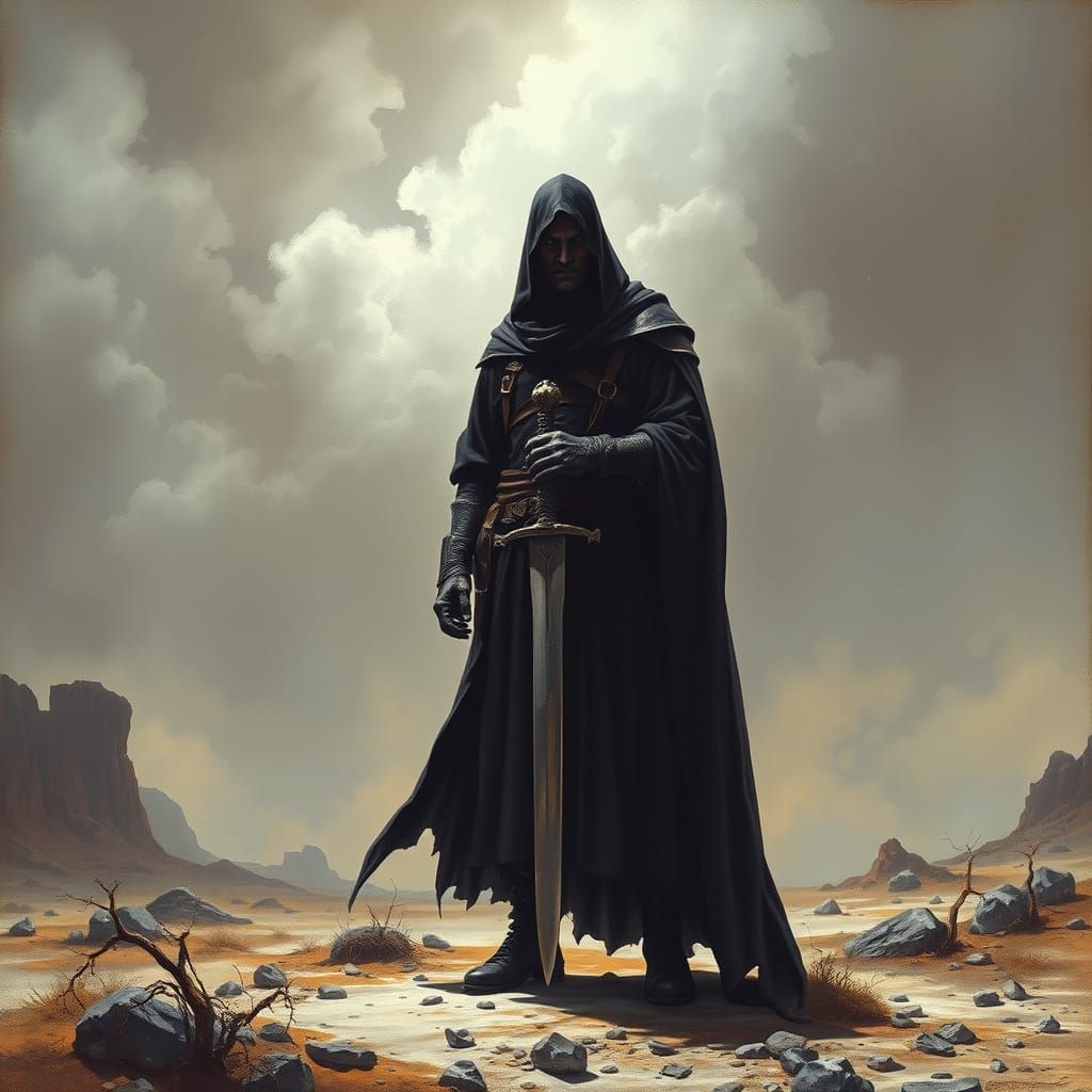 Dark Figure with Sword in Desolate Landscape