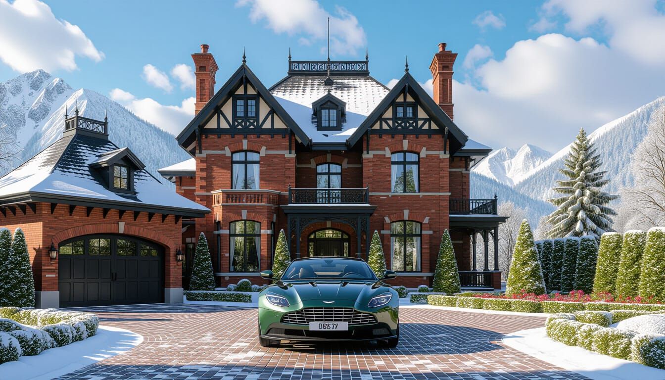 Victorian Chateau With Aston Martin In Snowy Landscape