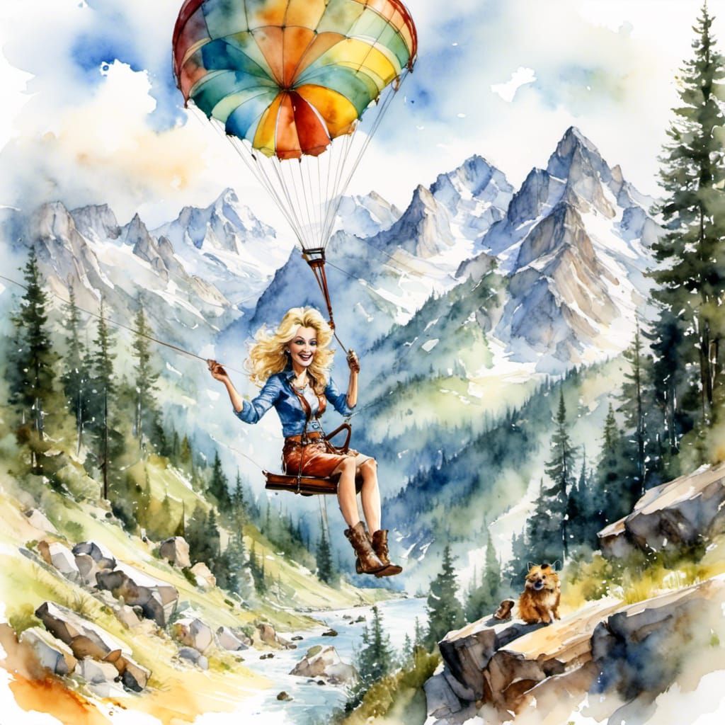 <lora:WatercolorMix1:1.0> Dolly Parton parasailing through the Swiss Alps while singing and playing her guitar