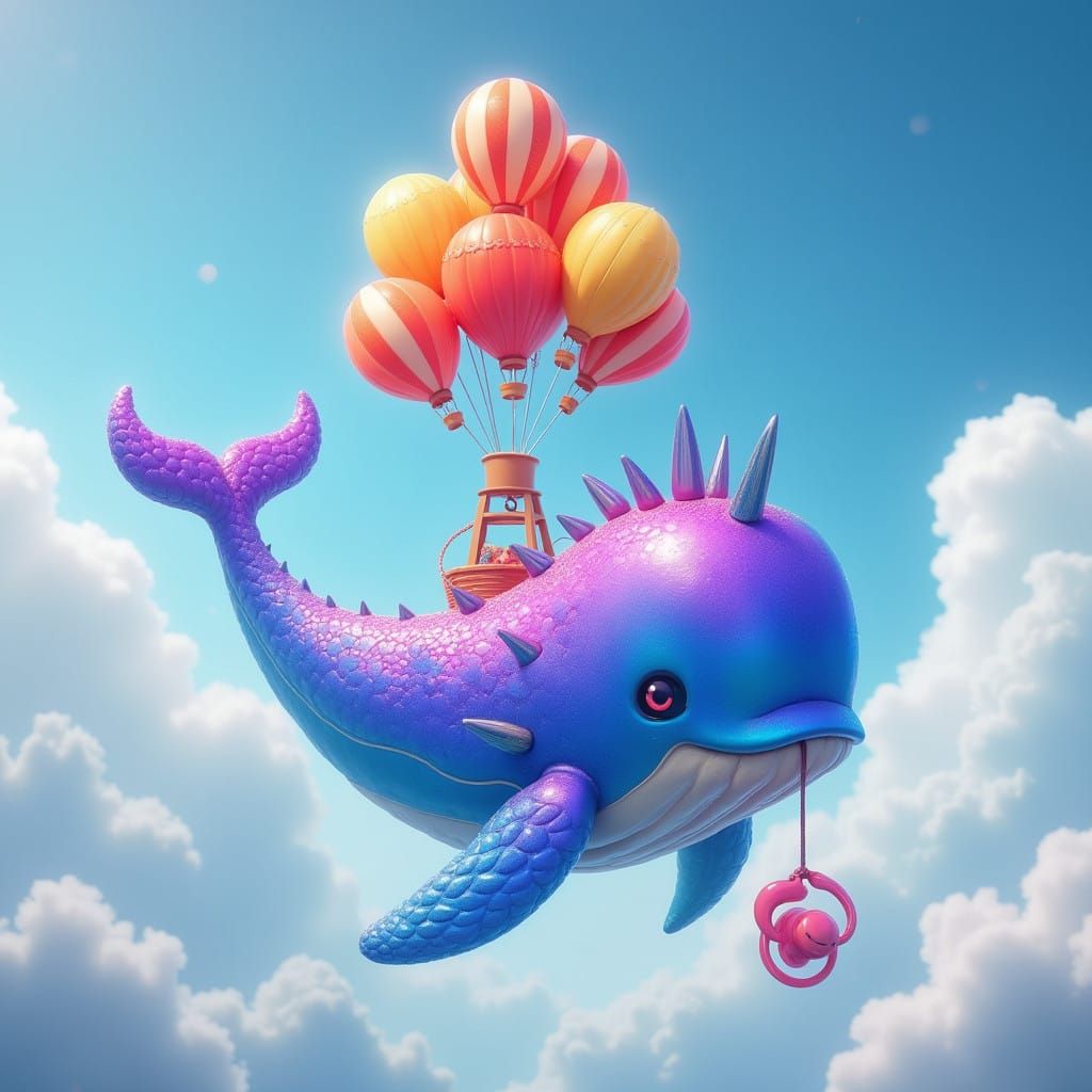 flying blue whale with hot air balloons attached to it then make it have a pacifier thats pink the whale is also pright ...