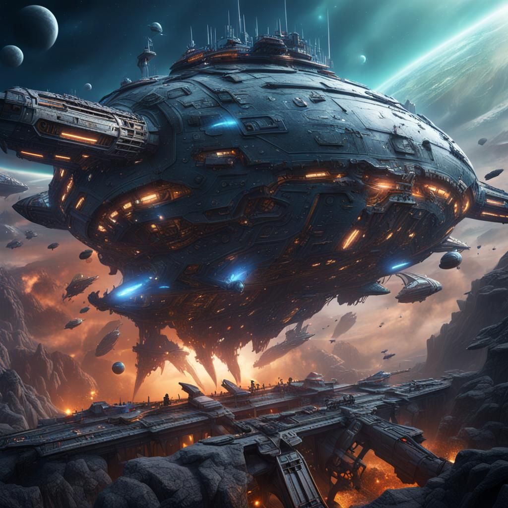 Alien Attack on Infinite Spaceship: Detailed Matte Painting