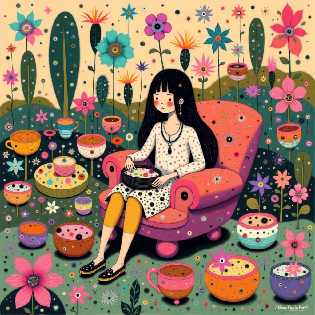 Whimsical Woman in Chair Surrounded by Colorful Bowls