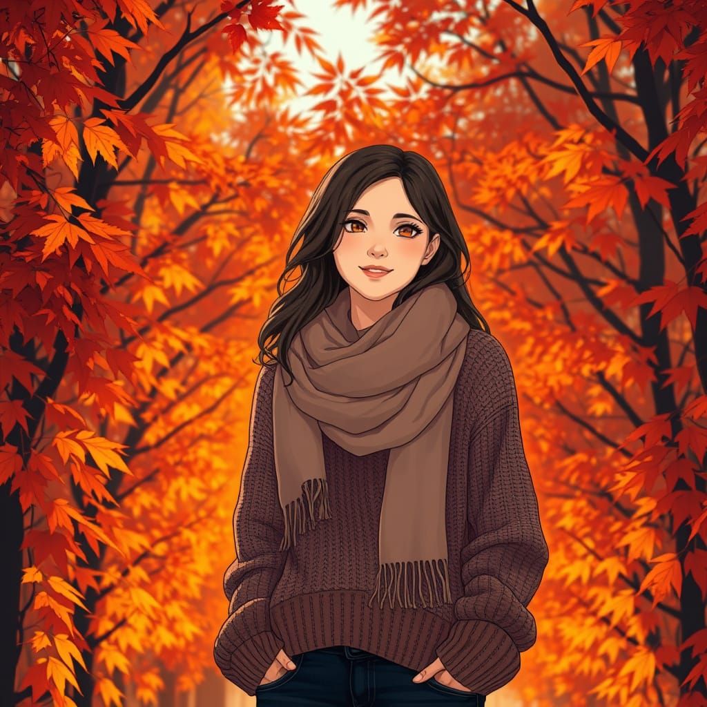 Autumn Woman at Leaf Entrance in Anime Style
