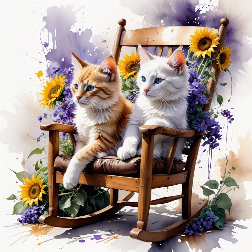 Sleepy Kittens in Rocking Chair, Watercolour Painting