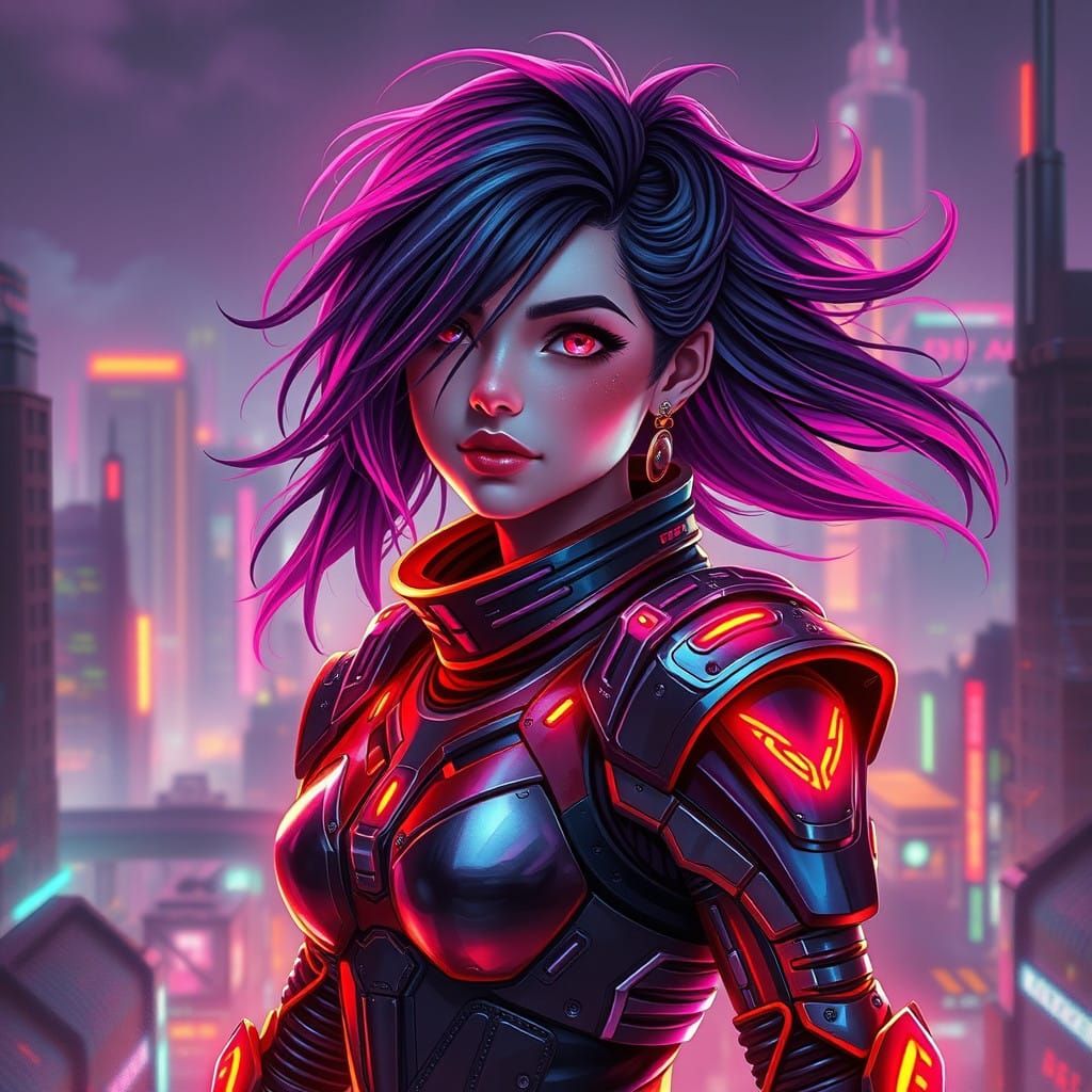 Cyberpunk Girl in Vibrant, Neon-Lit Armor
