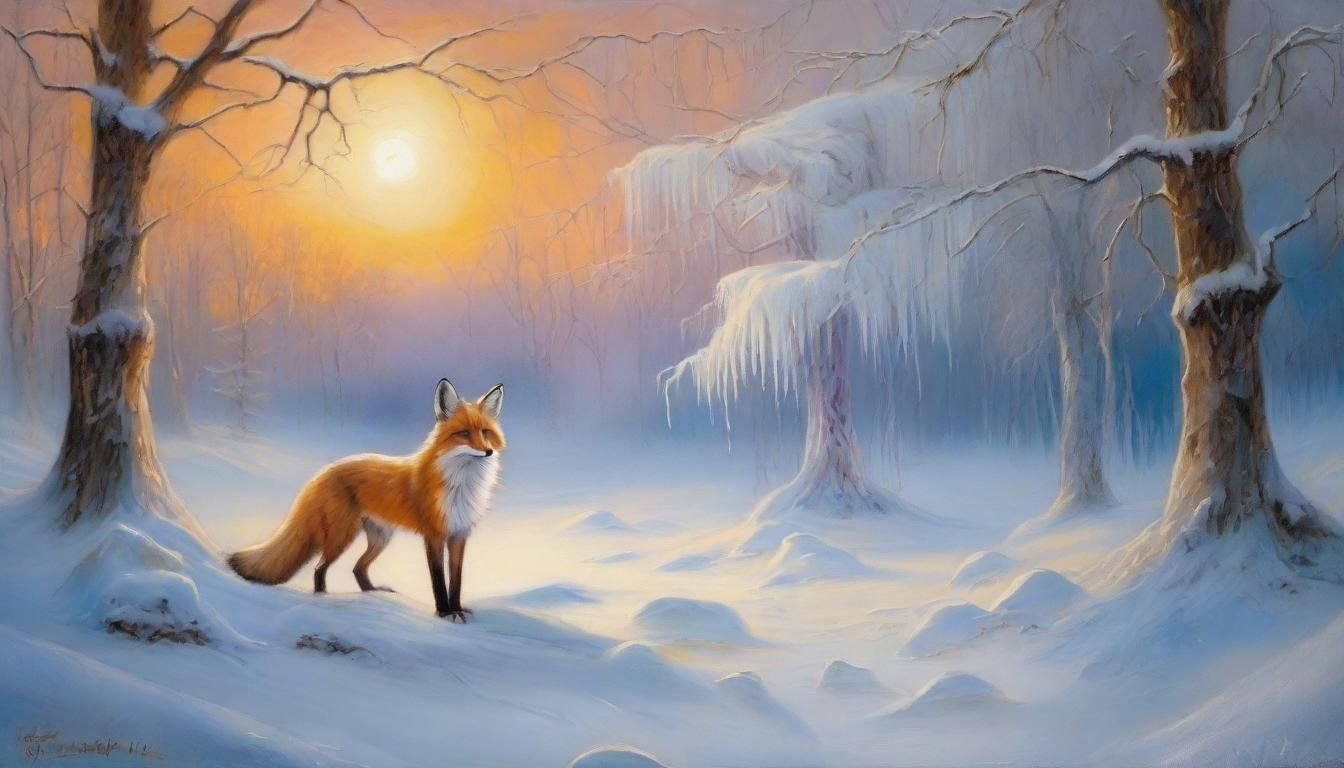 Fox and Ice Sculpture, Oil Painting Style