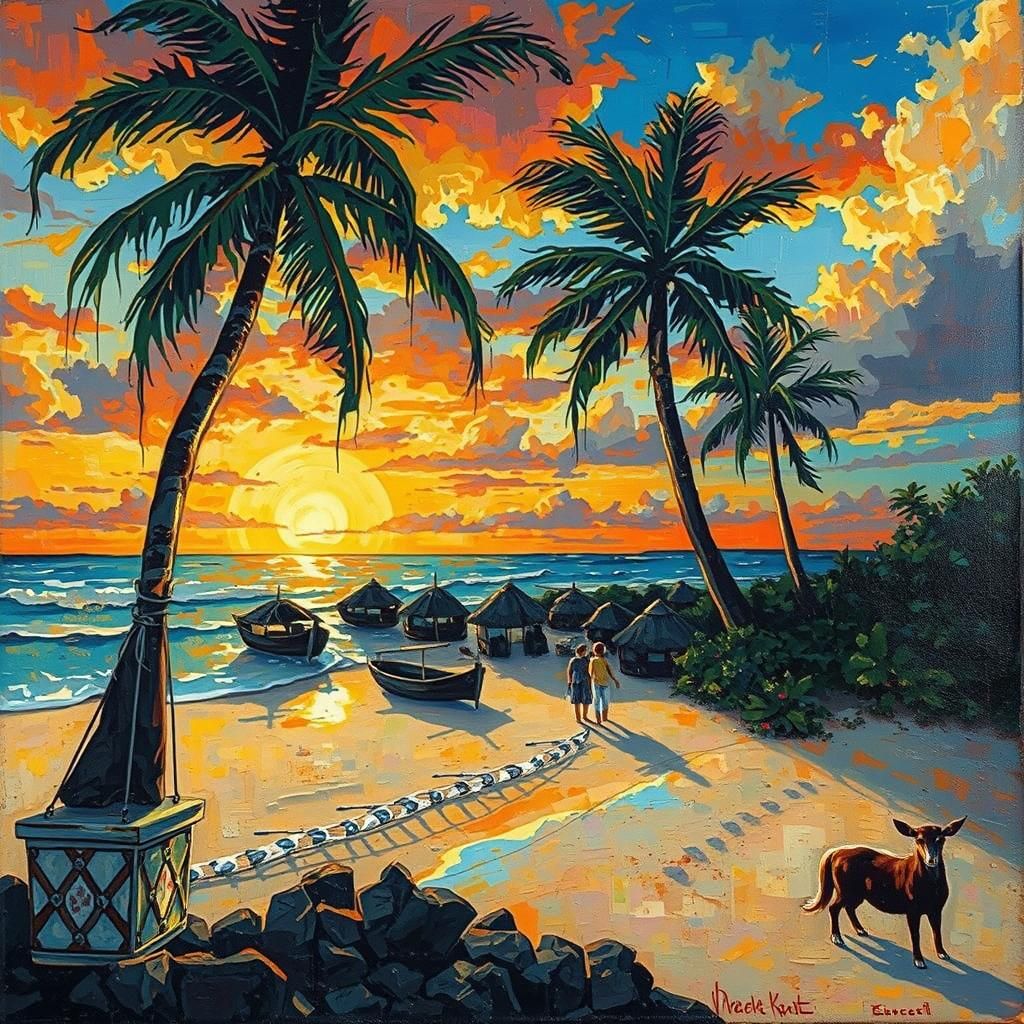 Tropical Beach Sunset in Expressionist Oil Painting Style