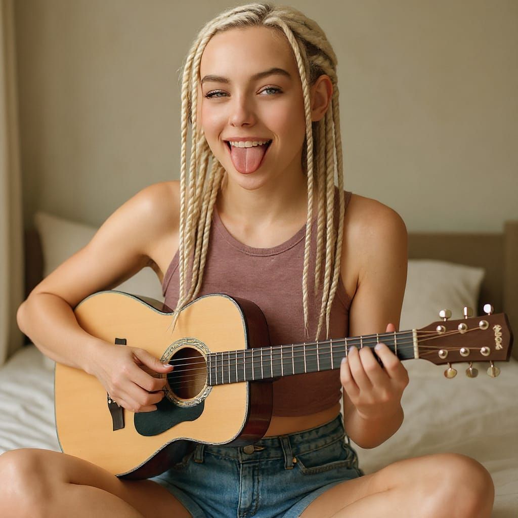 Woman Plays Guitar, Practicing Music Skills